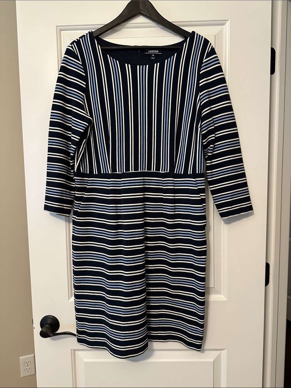 Lands' End Navy and White Striped Ponte Sheath Dress